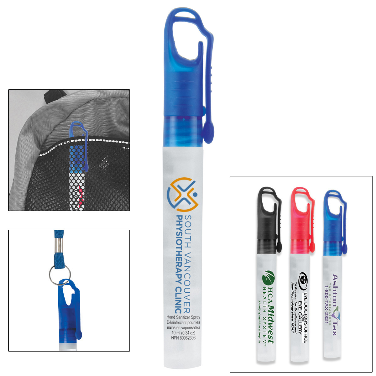 “SprayClip” 10 ml. Antibacterial Hand Sanitizer Spray Pump Bottle with Carabiner Clip Cap